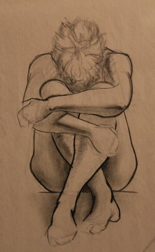 a figure drawing of a girl with her head on her knees