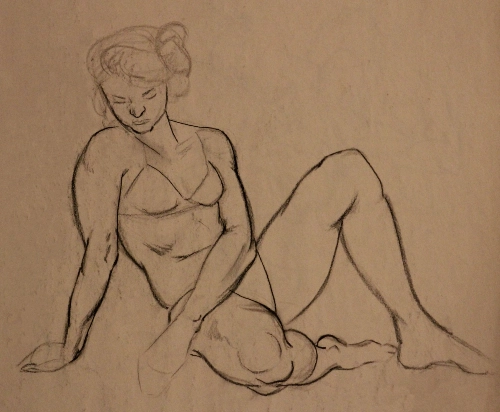 a figure drawing of a girl sitting with one knee raised