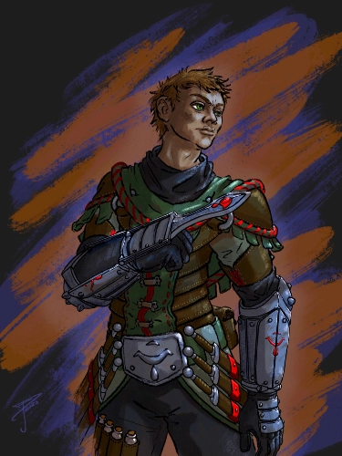 digital illustration of a fantasy character with a sword on his arm