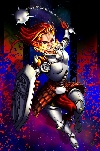 digital illustration of a lady knight attacking with a dragon shield, morningstar, and breathing fire